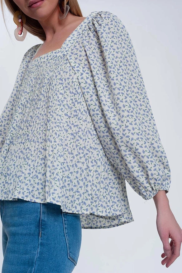 Puff Sleeve Top with Square Neck in Blue Floral Print-Top-Q2-S-Urbanheer