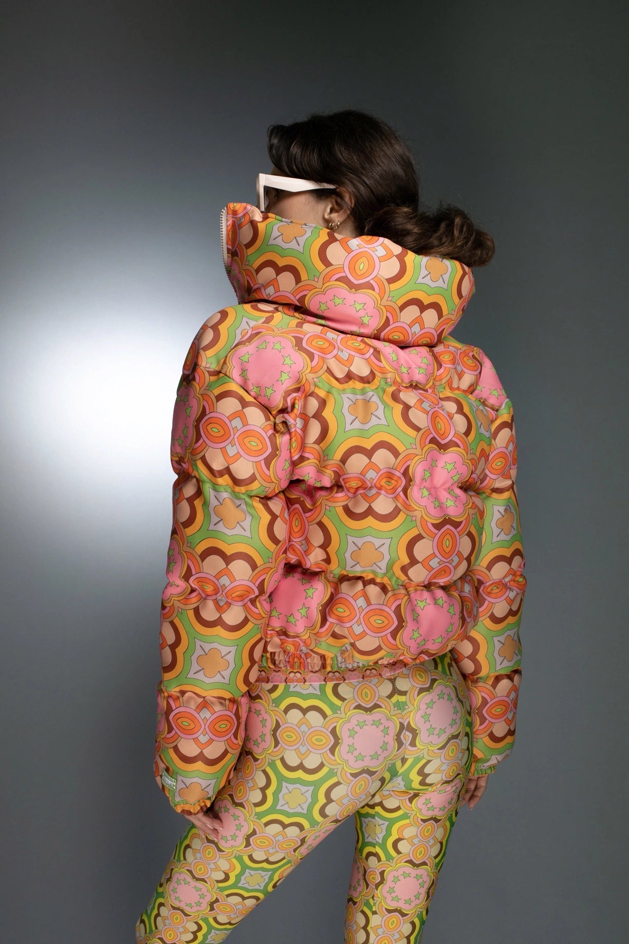 Long Sleeves Cowl Neck Lustrous Printed Puffer Jacket-Nuvula-S-Urbanheer