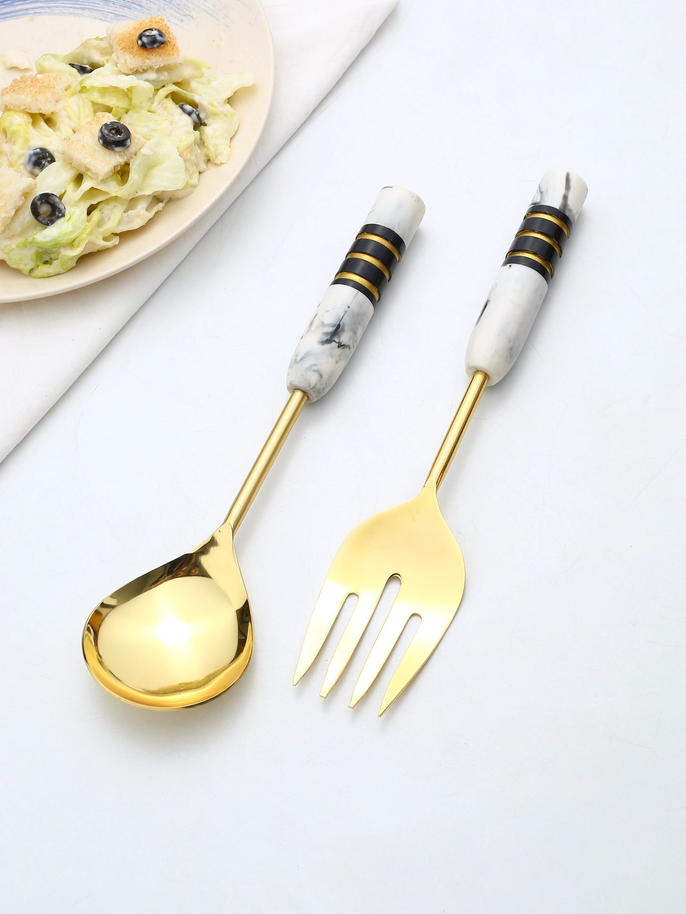 Gold Plated Metal & Resin Salad Server 2- Piece Set-Tiramisu-Urbanheer