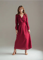 Burgundy Red Linen Dress Maxi With Front Buttons And Collar-Dress-Nich Linen-XXS-Urbanheer