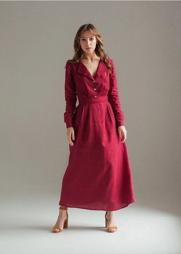 Burgundy Red Linen Dress Maxi With Front Buttons And Collar-Dress-Nich Linen-XXS-Urbanheer