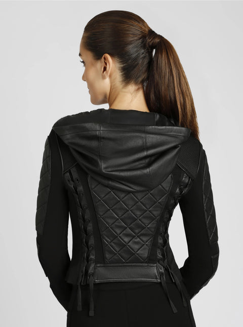 Hooded Mesh Genuine Leather Moto Jacket