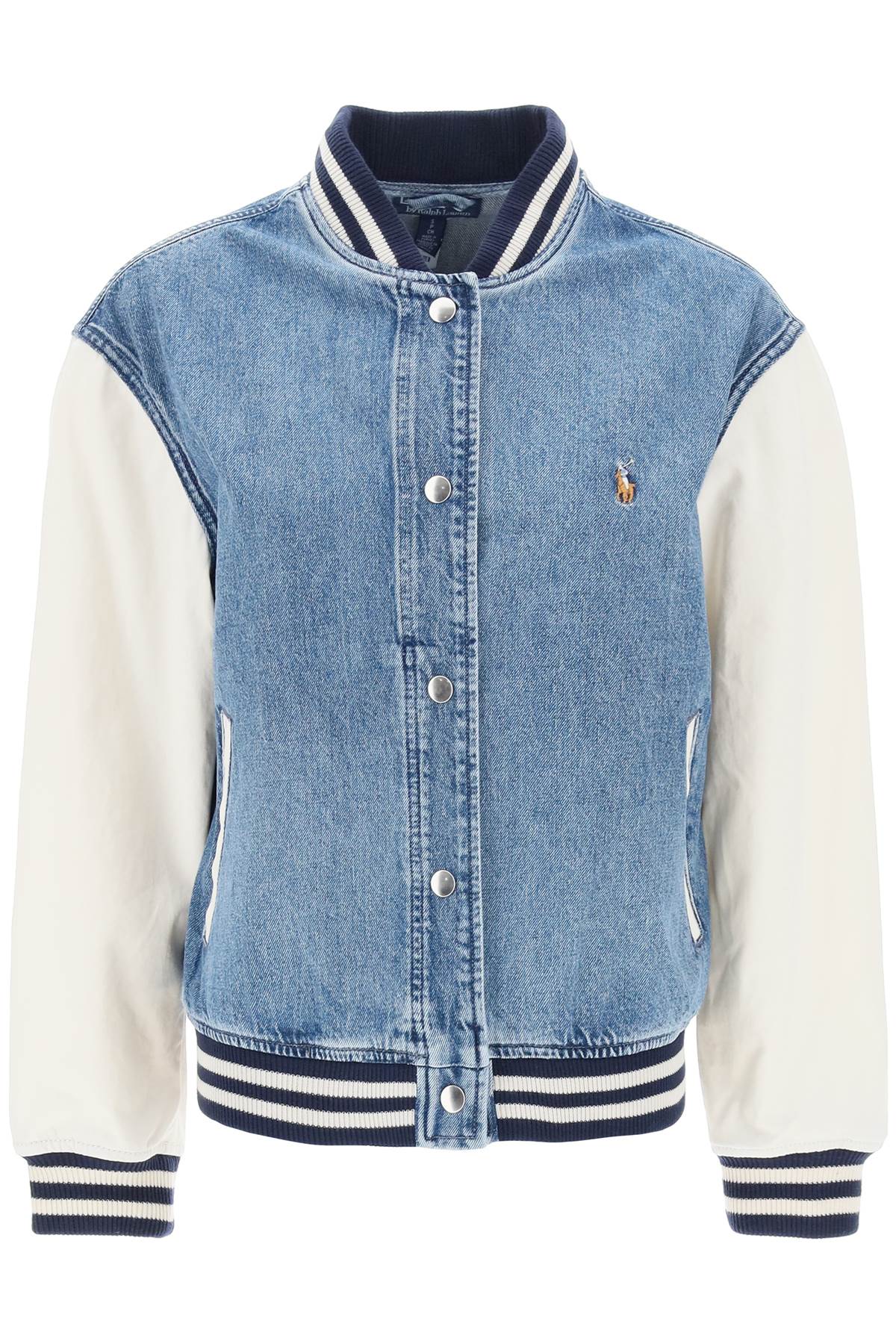 Denim Bomber Jacket With Flag And Logo Design-women > clothing > jackets and blazers > bomber jackets-Polo Ralph Lauren-l-Blu-Urbanheer