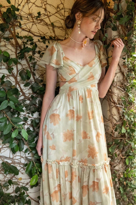 Floral Waist Cut Out Ruffle Midi Dress DUSTY SAGE MULTI-Dress-Blu Pepper-SAGE MULTI-Urbanheer