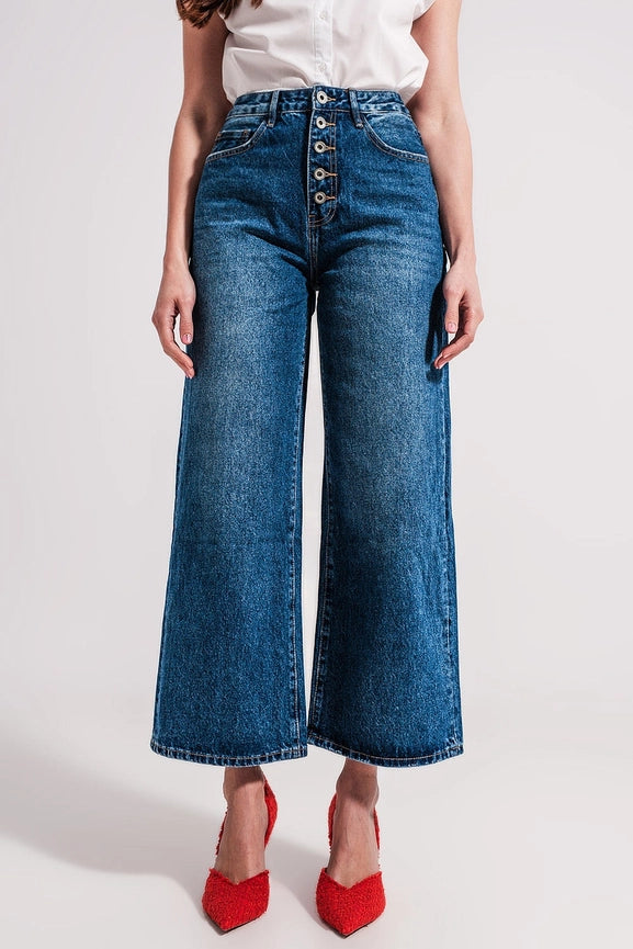 Wide Leg Jeans with Exposed Buttons-Jeans-Q2-XS-Blue-Urbanheer
