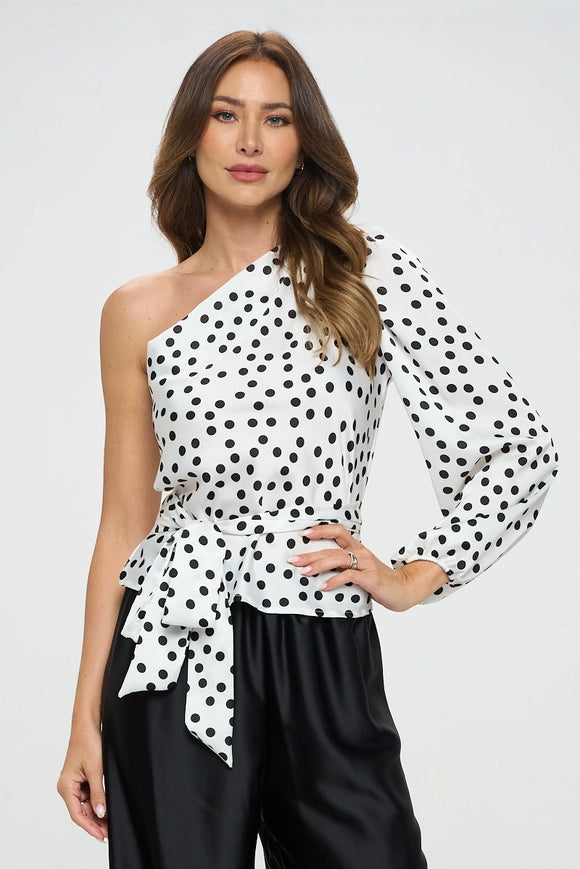 Polka Dot One Shoulder Formal Top with Tie-Top-Renee C.-WHITE/BLACK-S-Urbanheer
