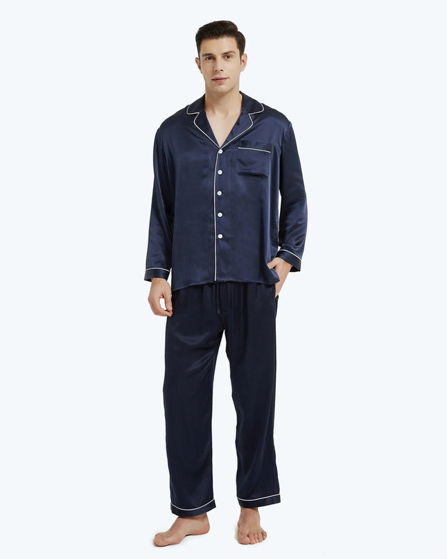 His & Hers Piped Silk Pajamas Navy Blue-Pajamas-MommeSilk-XS-Men's-Urbanheer