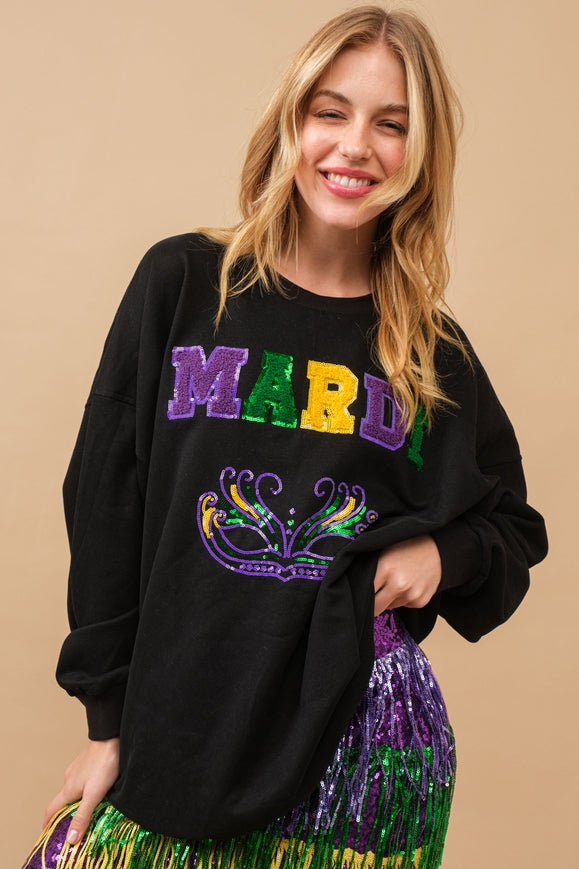 Mardi Gras Sequin Patch Pullover Sweatshirt-Dresses-Blue B-S-Urbanheer