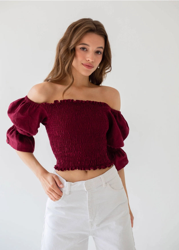 Burgundy Off The Shoulder Puffed Sleeve Linen Top For Woman-TOP-Nich Linen-XXS-Urbanheer
