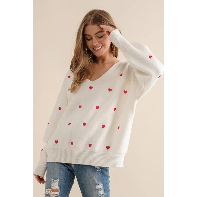 Plus Size Heart Pattern Boxy Knit Pullover Sweater White-SWEATER-Pink Irene Wholesale-Urbanheer