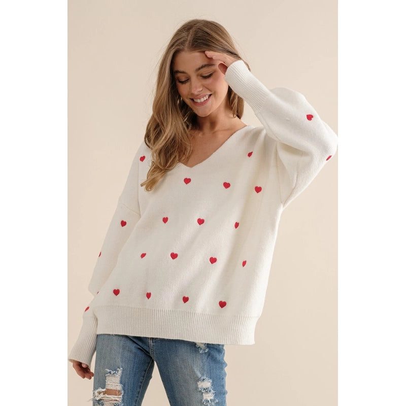 Plus Size Heart Pattern Boxy Knit Pullover Sweater White-SWEATER-Pink Irene Wholesale-1X/2X-Urbanheer