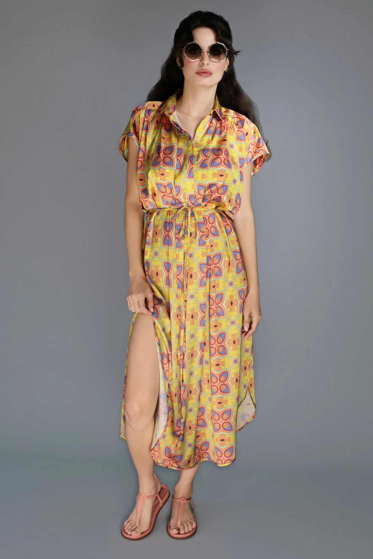 Relaxed Fit Gold Mescaline Satin Spread Collar Women'S Dress-Nuvula-XS-Urbanheer