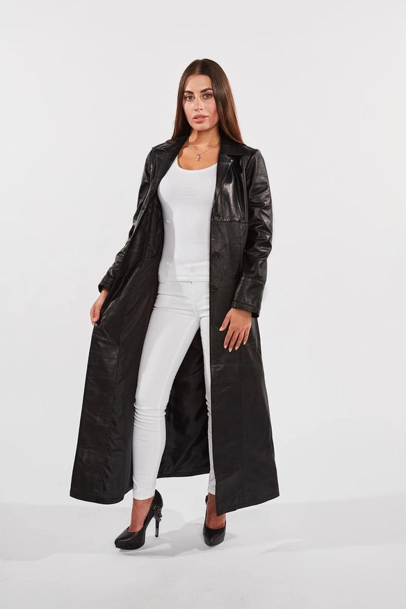Ladies 3 Button Matrix Black Long Leather Coat-COAT-Fadcloset-XS-Urbanheer