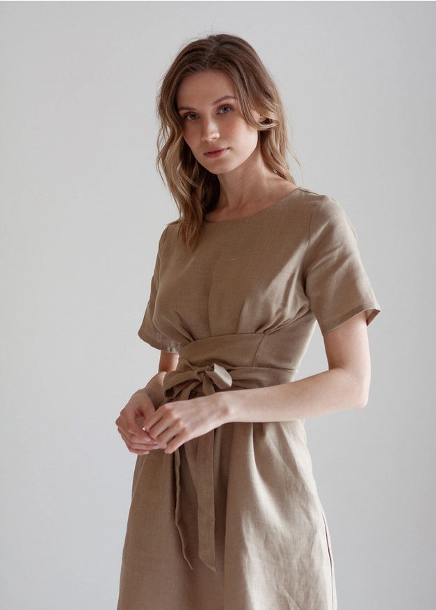 Beige Tie Belt Wrap Linen Bridesmaid Dress For Woman Mini-Dress-Nich Linen-XXS-Urbanheer