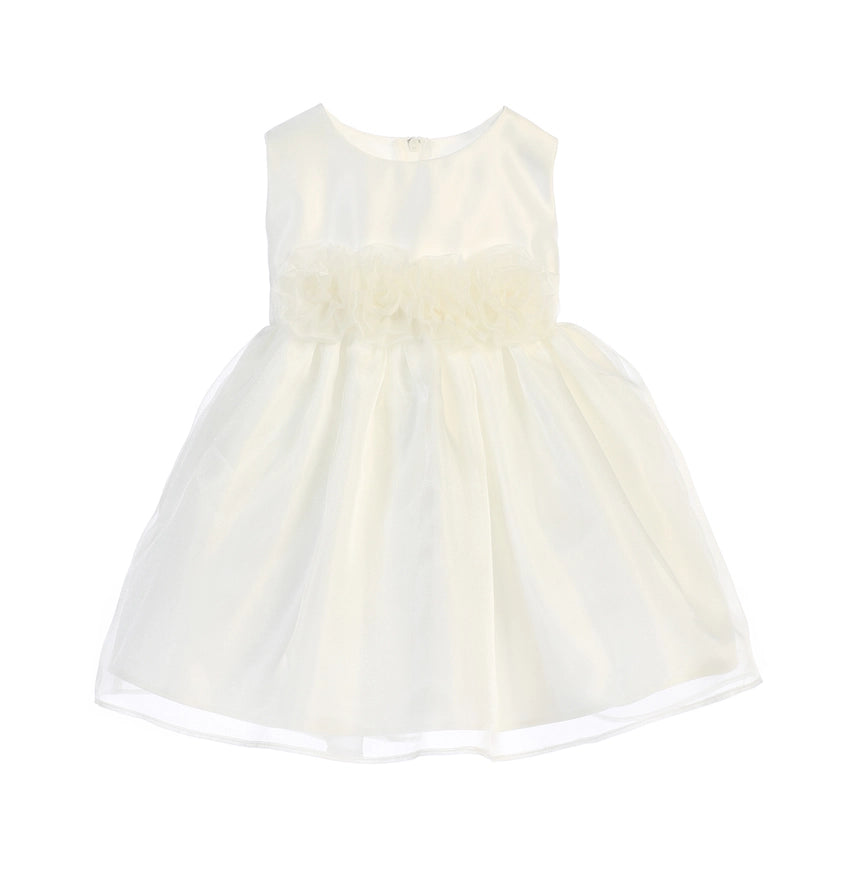 Satin W/ Organza & Hand Rolled Flowers Infant Dress-Dress-Sweet Kids, Inc.-Off White-M (12mths)-Urbanheer