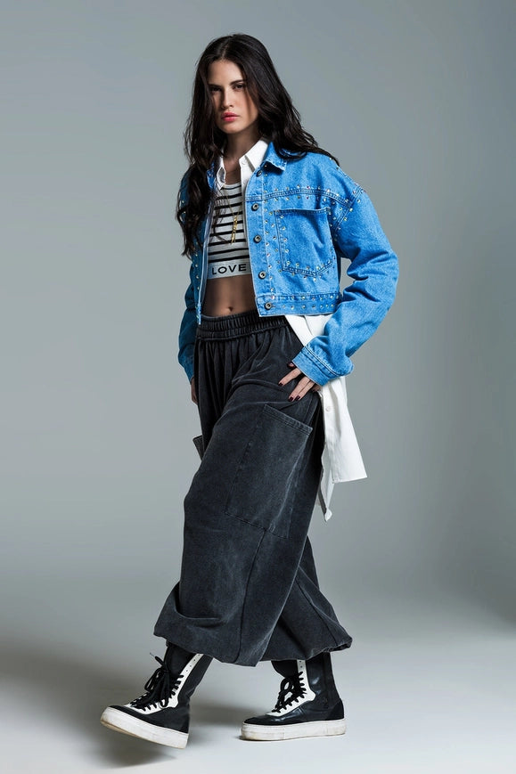 Denim Cropped Jacket in Blue with Studs and Chest Pockets-Shacket-Q2-Blue-S-Urbanheer