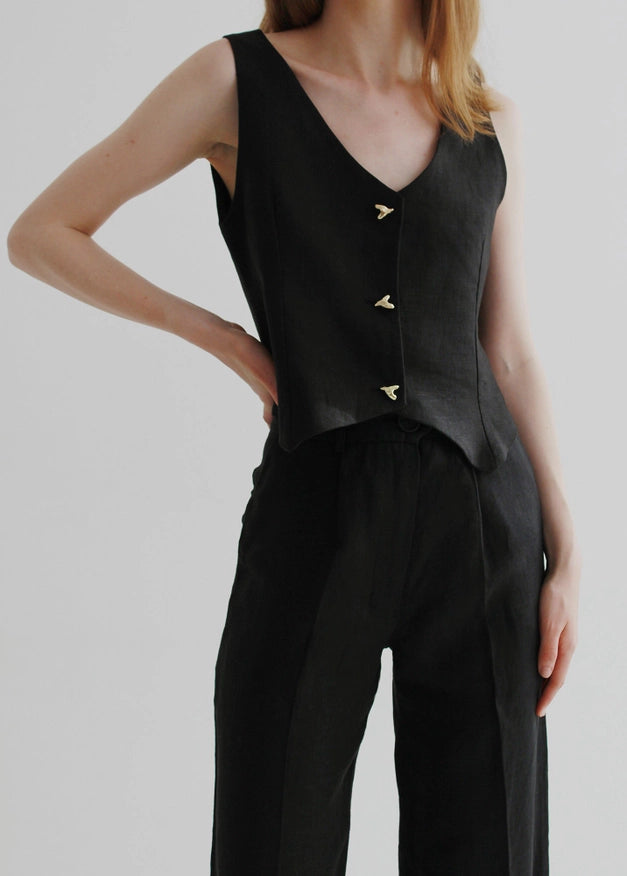 Black Linen Sleeveless Waistcoat-Vests & Waistcoats-Nich Linen-XXS/XS-Urbanheer