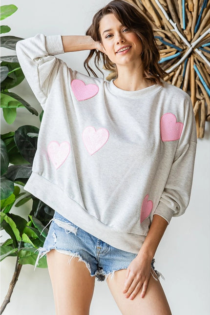 Sequined Heart Patch Sweatshirt-Sweatshirt-Peace Love Line-S-H GREY/PINK HEARTS-Urbanheer
