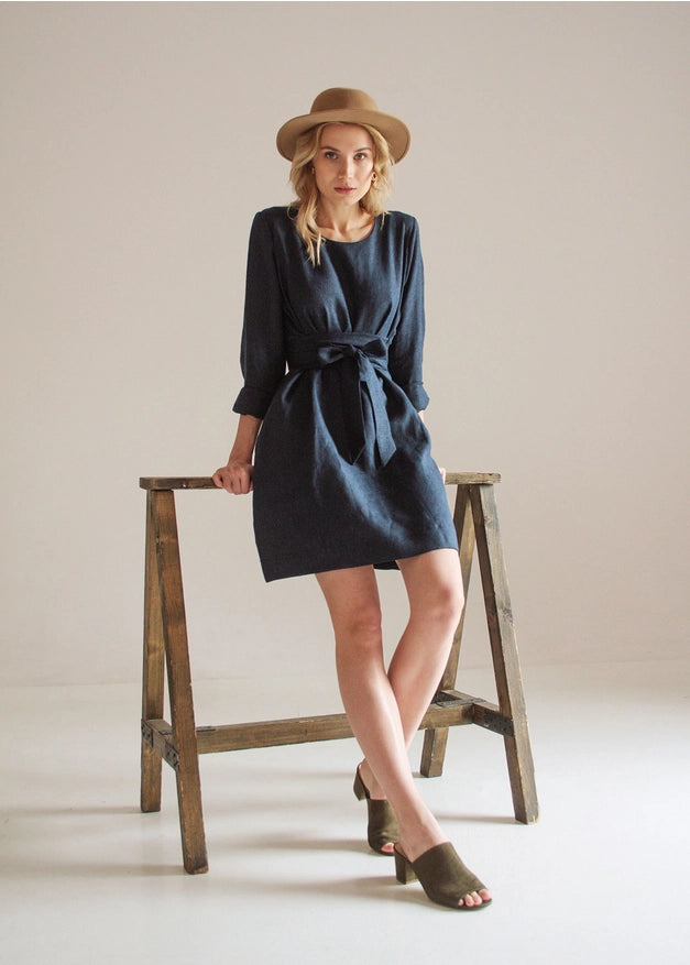 Navy Blue Linen Dress For Women Midi, Belted Dress-Dress-Nich Linen-XXS-Urbanheer