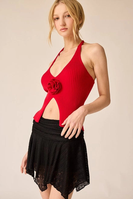 Madelyn Rosette Halter Rib Knit Top Red-TOP-Papermoon-S-Urbanheer