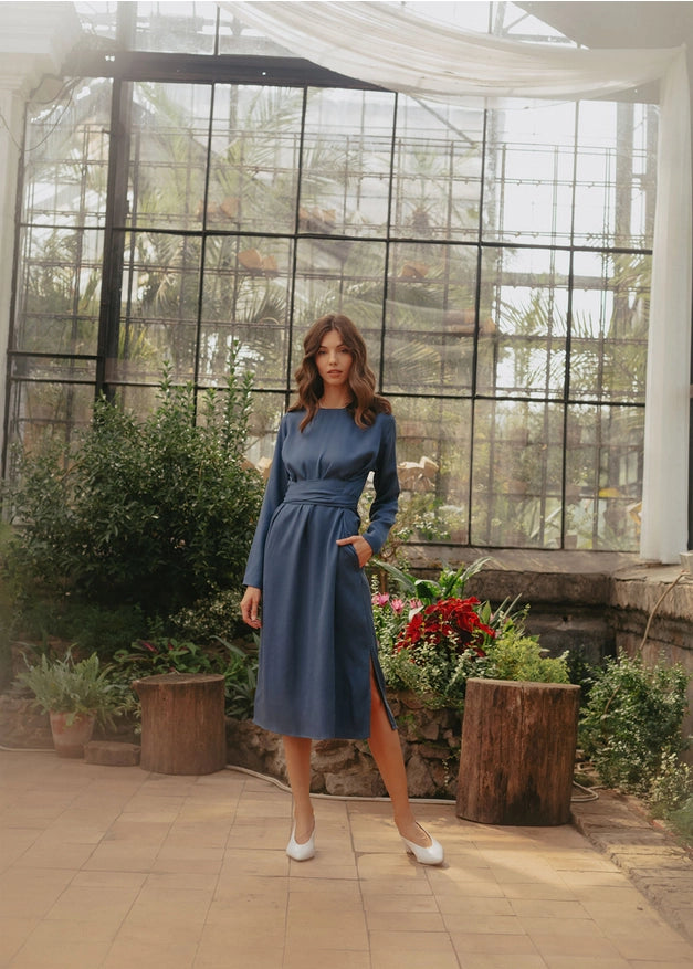 Navy Blue Belted Wrap Dress For Women, Evening Dress-Dress-Nich Linen-XXS-Urbanheer