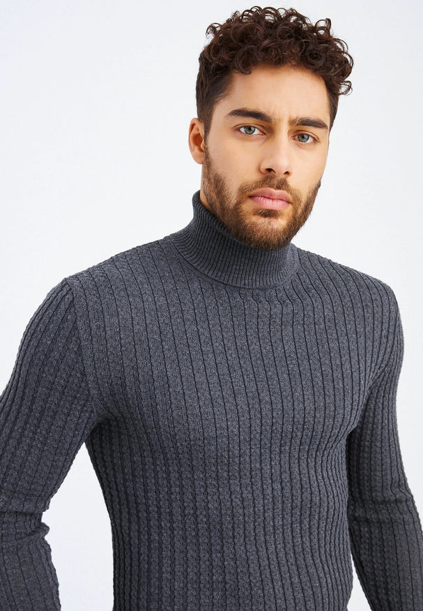 Men'S Knitted Fine Knit Turtleneck Pullover Anthracite-SWEATER-Leif Nelson GmbH-XXL-Urbanheer