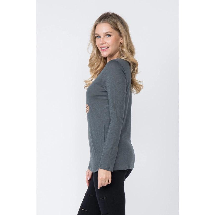 Western Style Long Sleeve Top with Eyelet Trim Grey-Top-Vocal-S-Urbanheer
