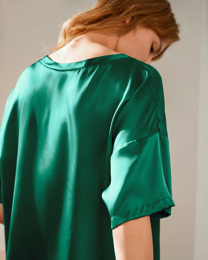 Lazy Silk Short Pajamas Emerald Green-Pajamas-MommeSilk-XS-Urbanheer