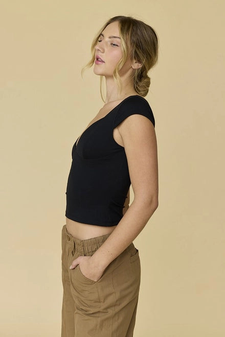 Alina Slim Fit V-Neck Top Black-TOP-Papermoon-Black-S-Urbanheer