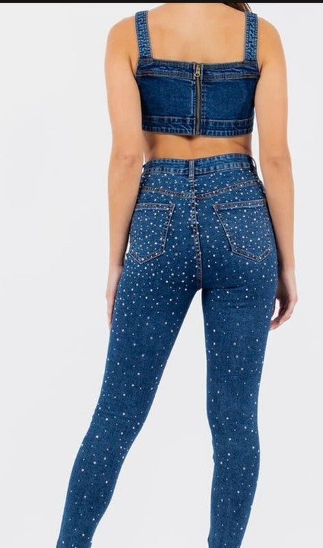 Set - Matching Set with Crop Top Rhinestones Dark Wash-Sets-LABIJOU-S-Urbanheer