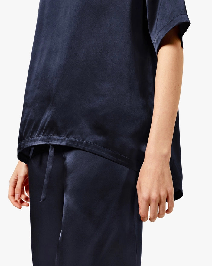 Sunday Morning Silk Pajamas Navy Blue-Pajamas-MommeSilk-XS-Urbanheer