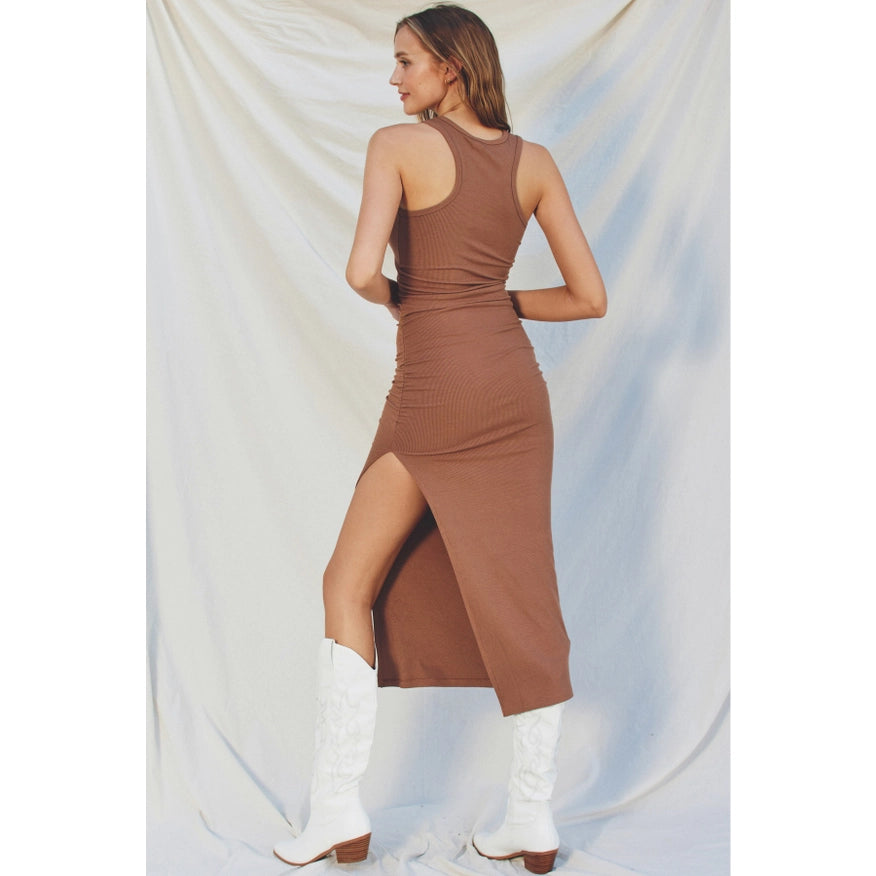 Ribbed Racerback Ruched Midi Dress Dried Rosette-Dress-Dress Forum-S-Urbanheer