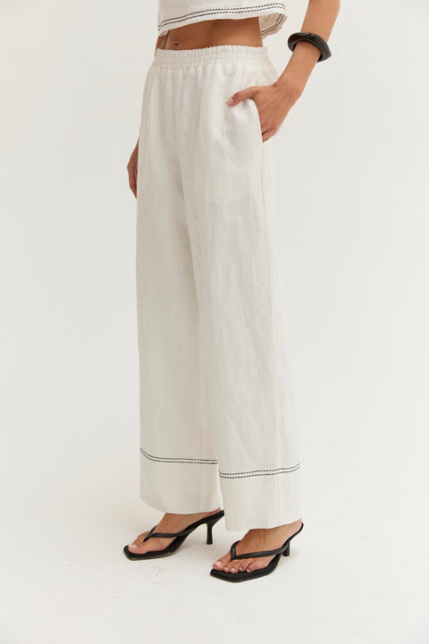 Devin Contrast Stitch Cropped Top & Pants Linen Set