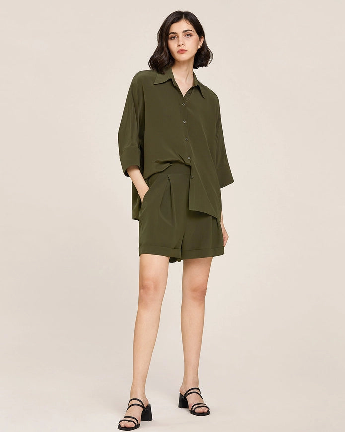 Weekend Oversize Silk Blouse Olive Green-BLOUSE-MommeSilk-XS-Urbanheer