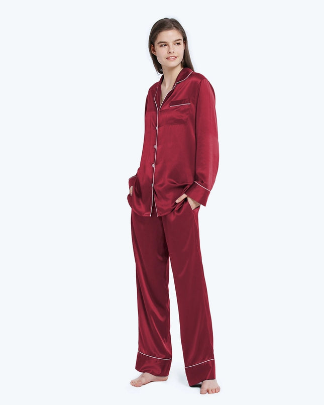 His & Hers Piped Silk Pajamas Claret-Pajamas-MommeSilk-XS-Women's-Urbanheer