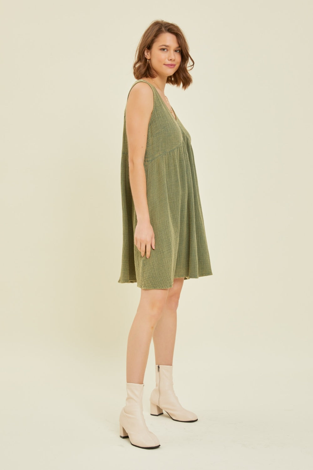 Heyson Full Size Texture V-Neck Sleeveless Flare Mini Dress-Street 360-Green-S-Urbanheer
