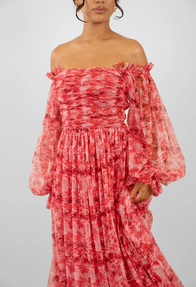 Lana Maxi Dress Red Floral-Lace & Beads-UK 6-Urbanheer