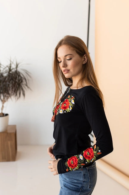 Embroidered Sweater Crimson Poppies Black-Clothing - Women-Handmade Originals Ukraine-S-Urbanheer