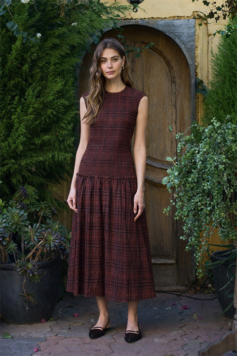 Smocked Bodice Sleeveless Plaid Midi Dress