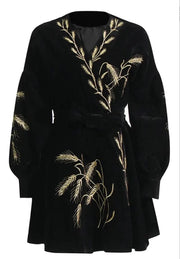 Velvet Embroidered Luxury Women'S Dress - Ear Of Wheat Black-Handmade Originals Ukraine-XS-Urbanheer
