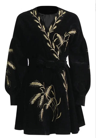 Velvet Embroidered Luxury Women'S Dress - Ear Of Wheat Black-Handmade Originals Ukraine-XS-Urbanheer