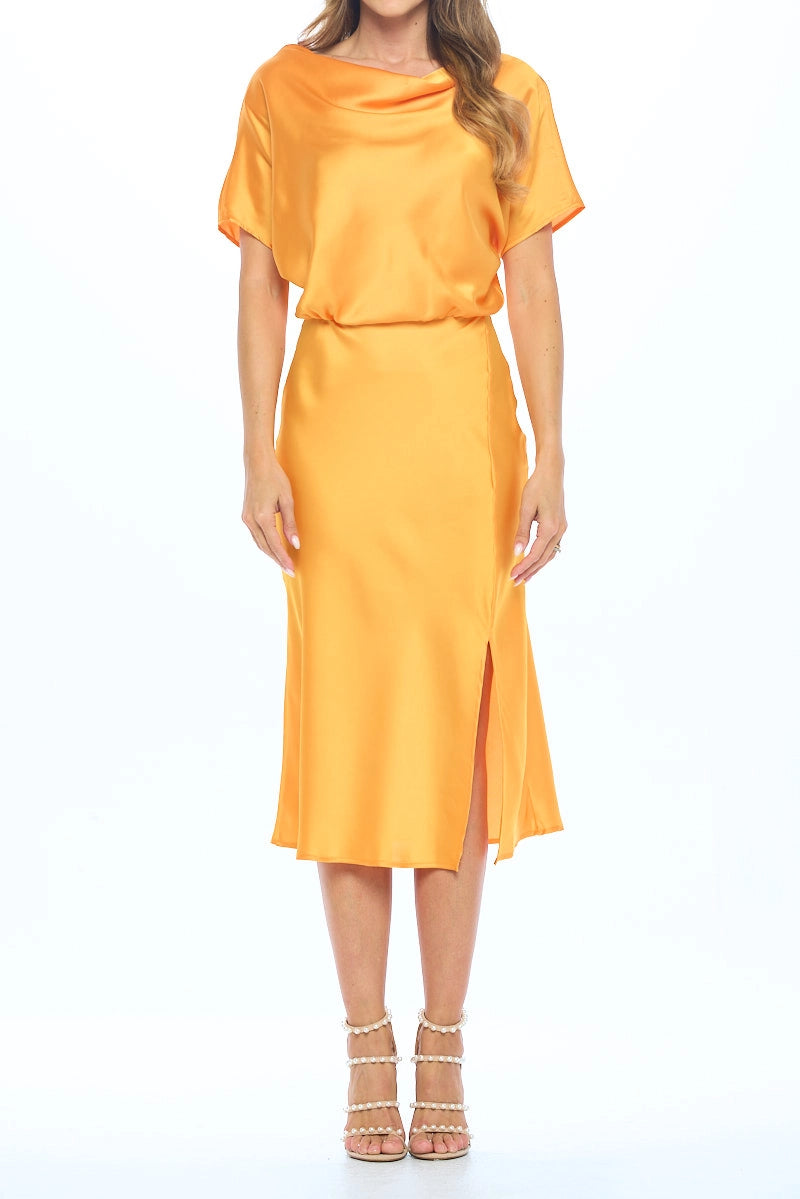 Satin Stretch Print Dress With Slit-Renee C.-S-Urbanheer