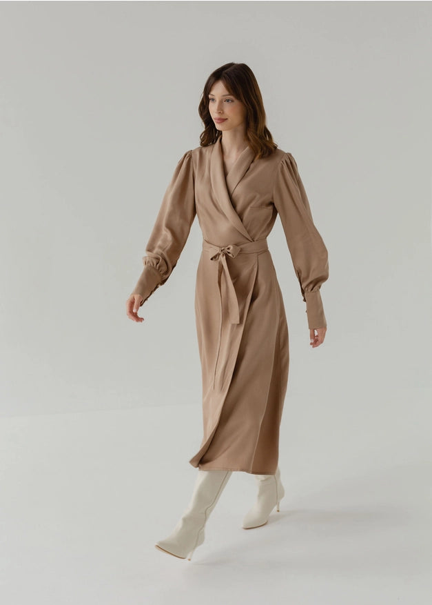Beige Classic Elegant Evening Wrap Dress Midi-Dress-Nich Linen-XXS-Urbanheer