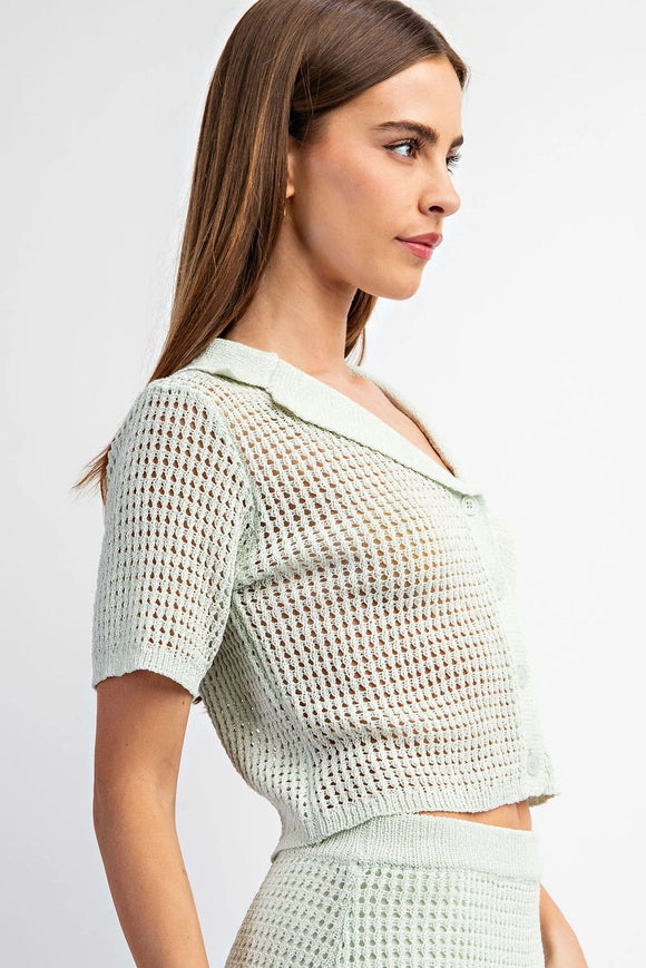 Short Sleeve Open Knit Collared Sweater Top Seafoam-Top-EDIT by NINE-S-Urbanheer