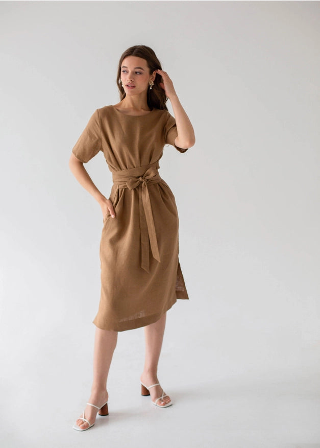 Belted Linen Dress For Woman with Short Sleeves in Beige