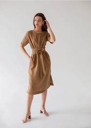 Belted Linen Dress For Woman With Short Sleeves In Beige-Dress-Nich Linen-XXS-Urbanheer