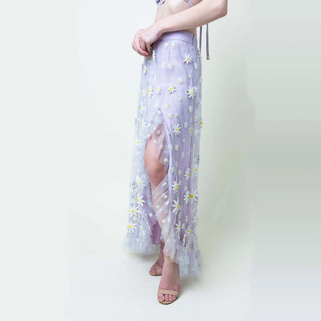 Lavender Daisy Embroidered Skirt-Skirt-La fuori-XS-Urbanheer