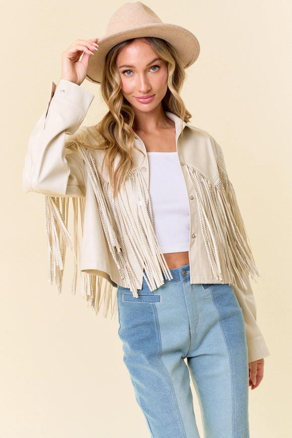 Cream Pu Silver Studded Fringe Button Down Jacket-Jacket-Saints & Hearts-S-Urbanheer