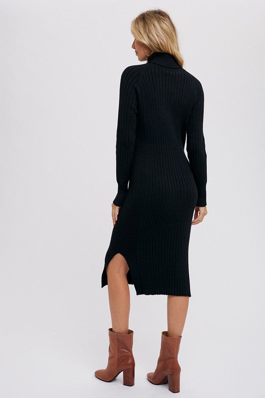 Turtleneck Ribbed Sweater Midi Dress Black-Dress-Pink Irene Wholesale-S-Urbanheer