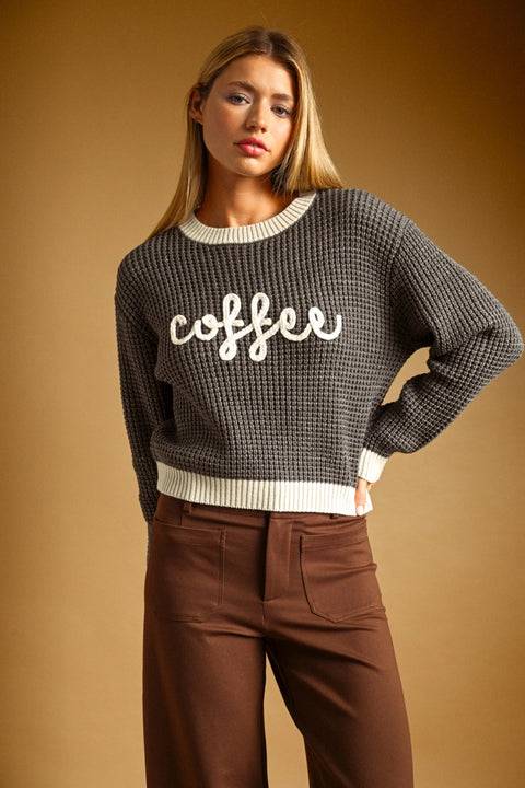Coffee Letter Waffle Sweater Top